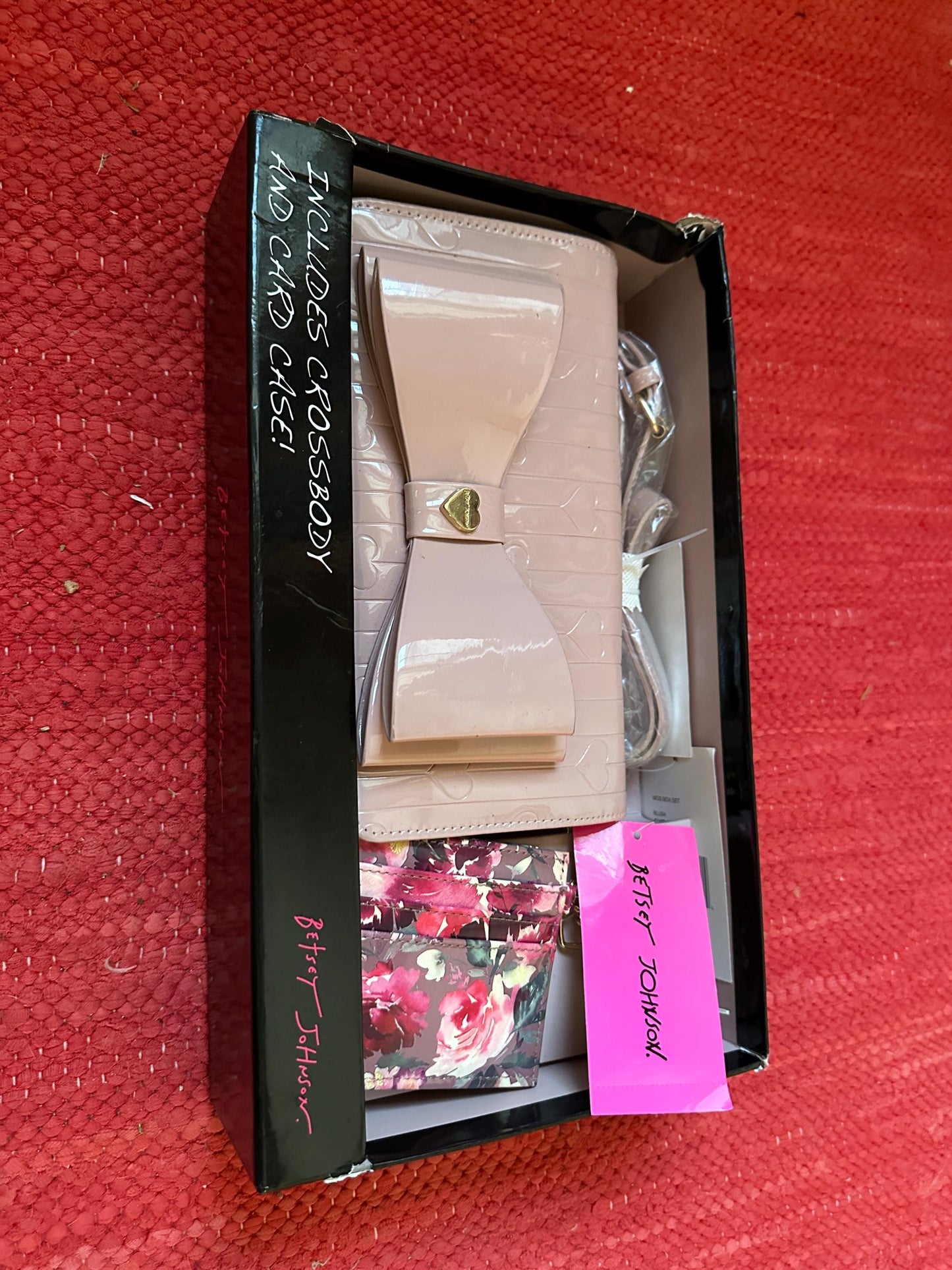 NWT Betsey Johnson Blush Patent Crossbody Bag w/Hearts & Cardholder Set MSRP-98 Dollars