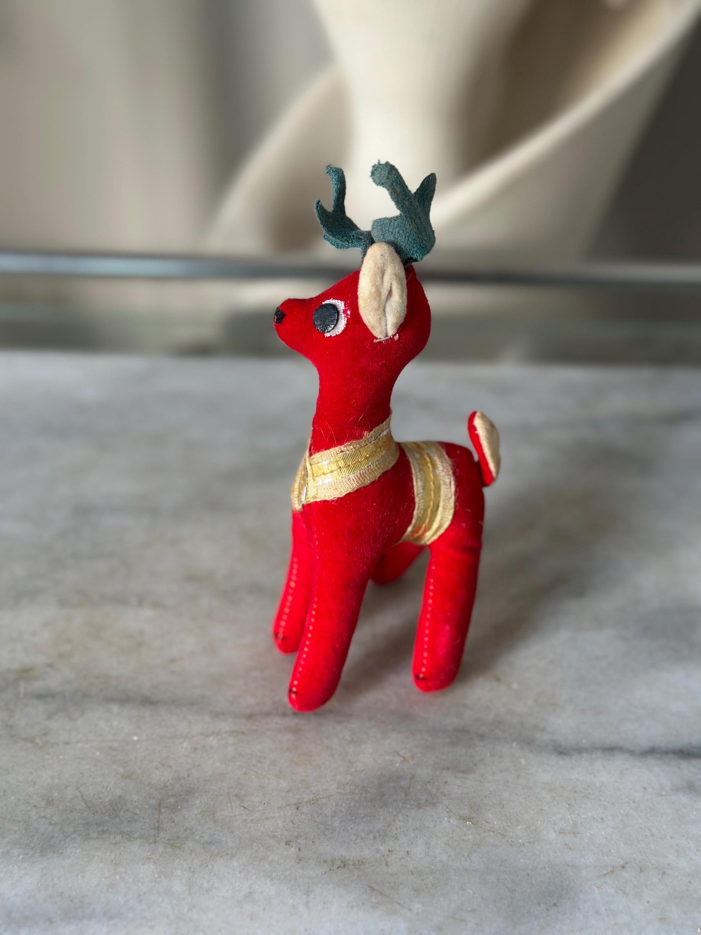 Vintage Dakin Dream Pets Red Velvet Reindeer | Made in Japan | 1960s Christmas Plush Figure | Green Antlers, Ribbon Trim | 6” tall