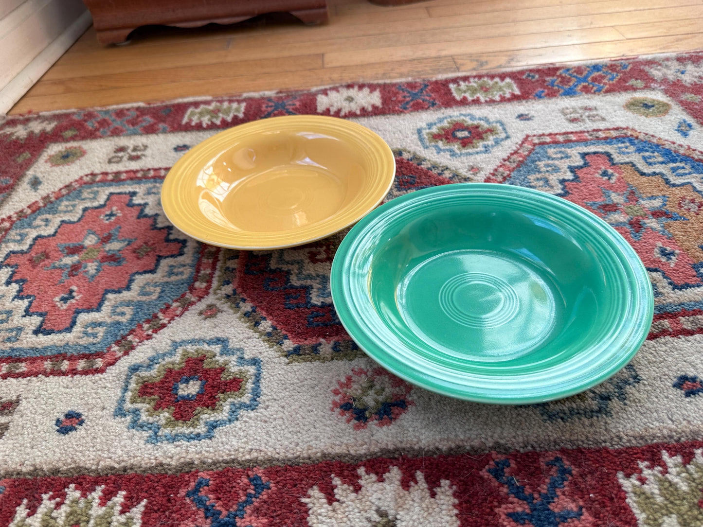 Vintage Fiesta Round Rimmed Soup Deep Plates – Yellow and Green (Set of 2) | Genuine Vintage Fiestaware | 1936–1969 Backstamp