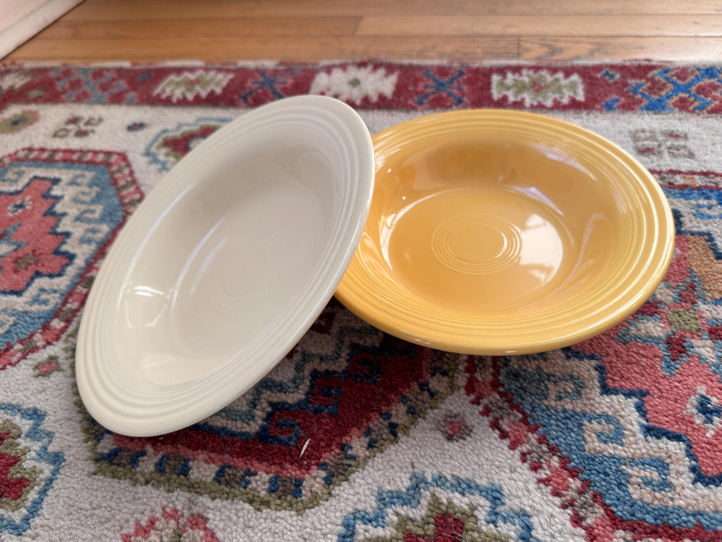 Vintage Fiesta Round Rimmed Soup Deep Plates – Yellow and Ivory/White (Set of 2) | Genuine Vintage Fiestaware | 1936–1969 Backstamp