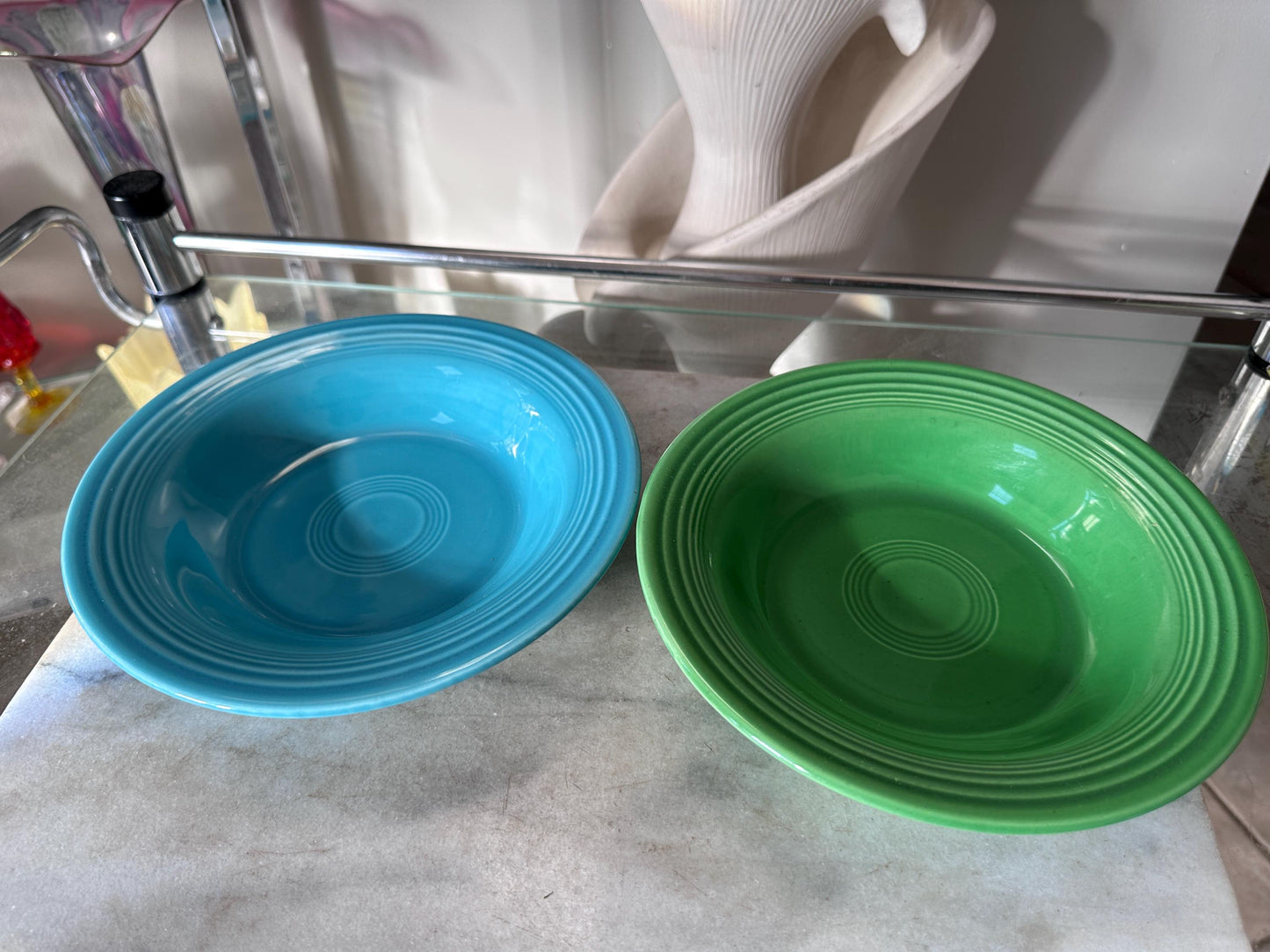 Vintage Fiesta Round Rimmed Soup Deep Plates – Green & Turquoise Blue (Set of 2) | Genuine Vintage Fiestaware | 1936–1969 Backstamp