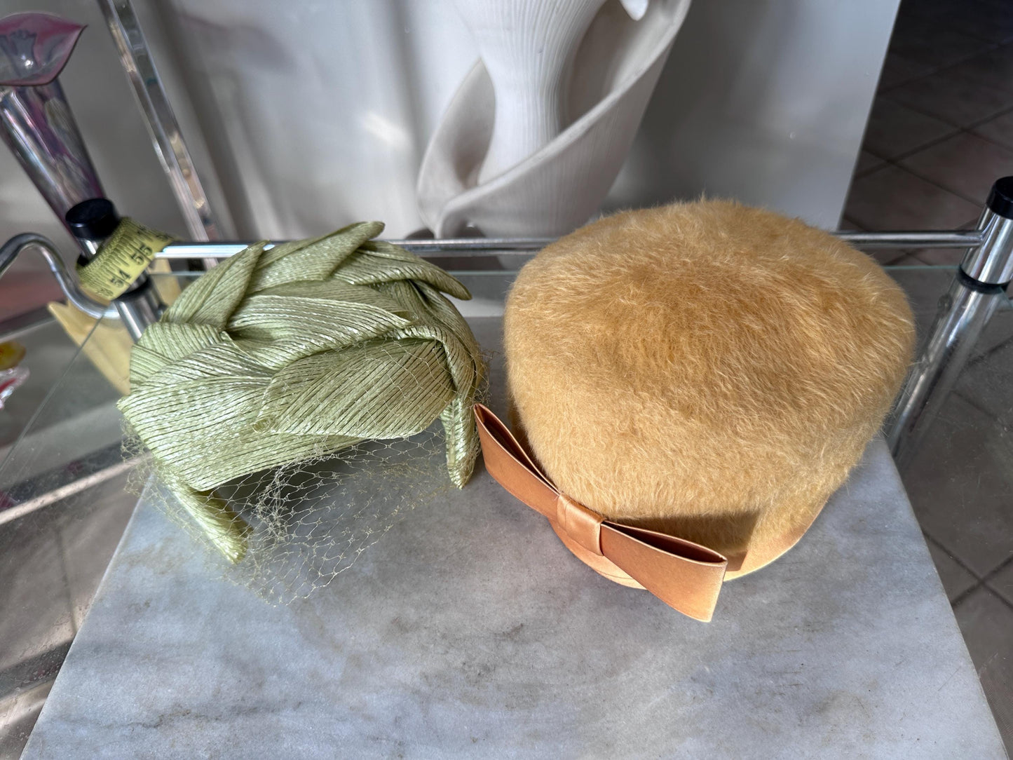 Vintage 1950s Ladies Hat Set | Mustard Yellow Fuzzy Bow Hat & Lime Green Fascinator with Netting | Mid-Century Fashion | Retro Millinery