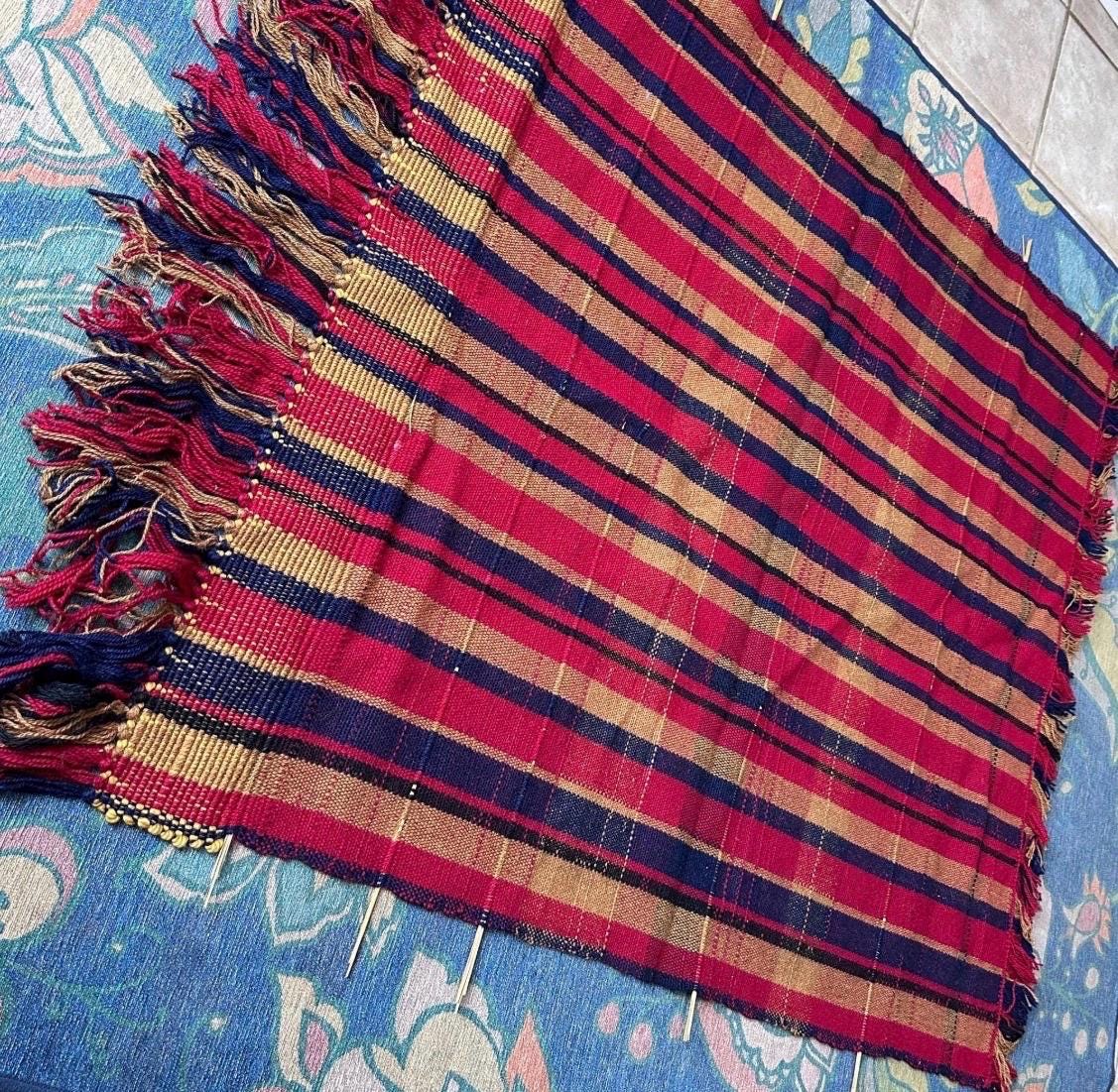 Vintage Handwoven Jajim Style Rug / Runner / Blanket | Striped Wool Textile | Folk Art Flat Weave | Red, Blue & Gold | 56” x 43”