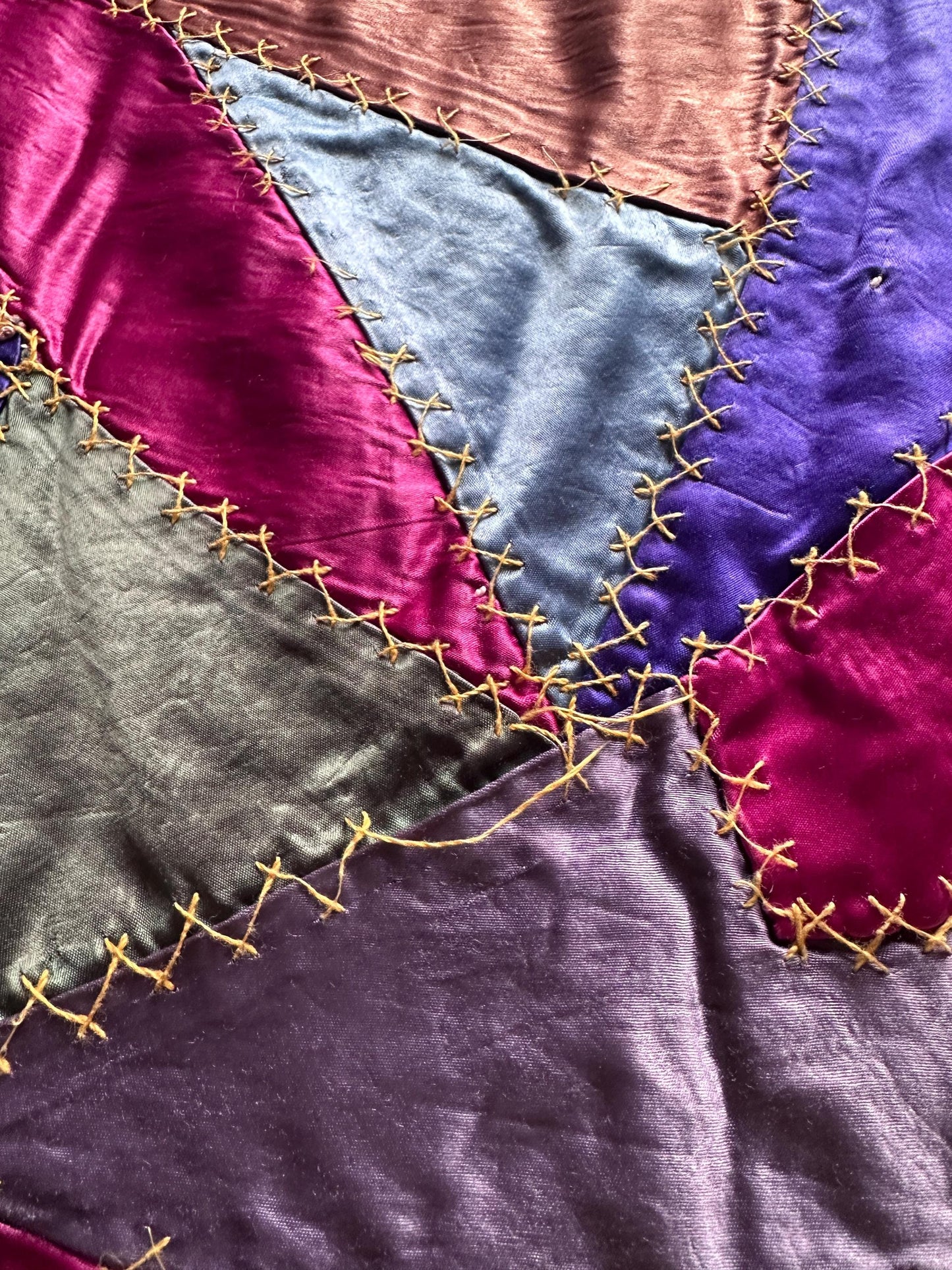 Antique Victorian Satin Crazy Quilt | Handcrafted Patchwork Quilt | Turkey Stitch Embroidery | Vibrant Silk Patches | 80” x 66”