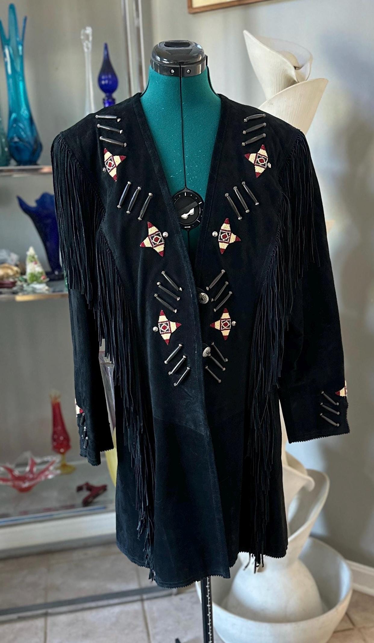 Vintage 1980s Frontier American Black Suede Fringe Coat | Southwestern Beaded Jacket | Made in USA Genuine Leather | Women’s Size M