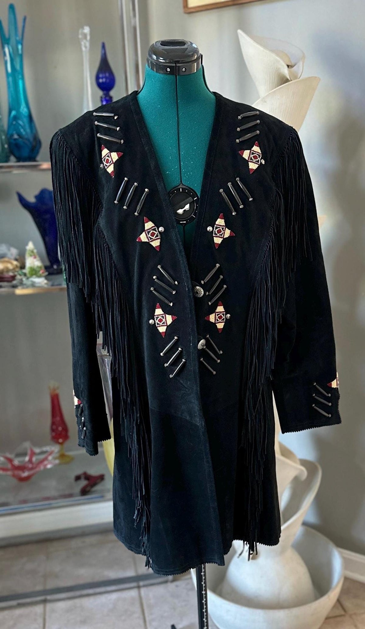 Vintage 1980s Frontier American Black Suede Fringe Coat | Southwestern Beaded Jacket | Made in USA Genuine Leather | Women’s Size M