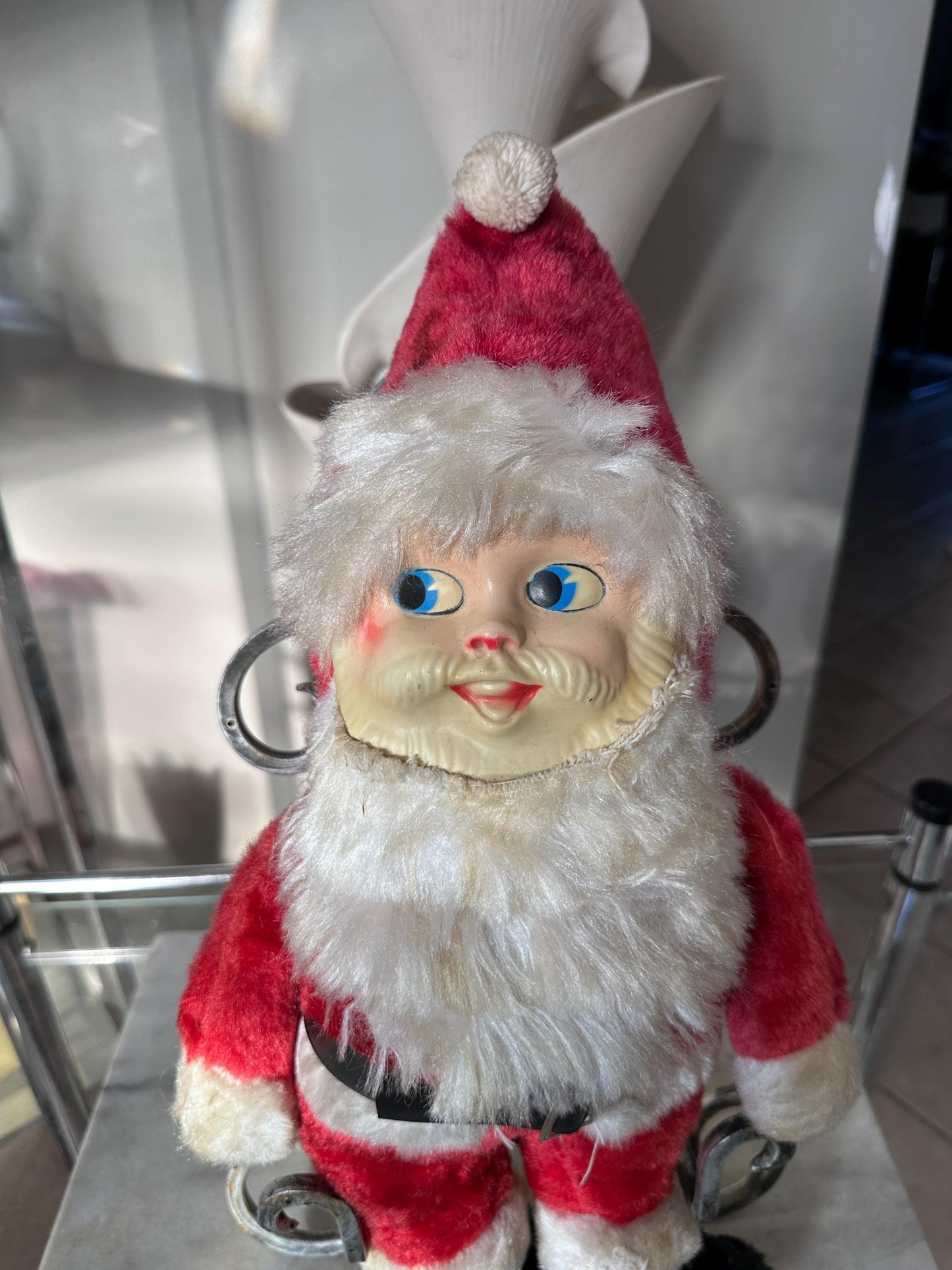 Vintage Plush Santa Claus | Plastic Face Stuffed Doll Fuzzy Fur | Side Eye Santa Christmas 17”