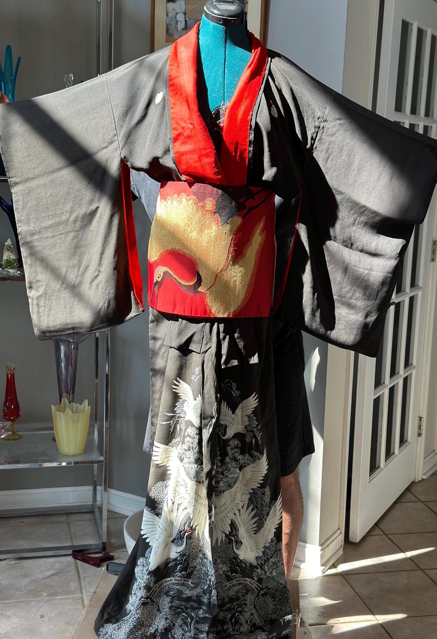Antique to Vintage Japanese Black Silk Furisode Kimono with Red Silk Obi | Embroidered White Crane Design | Traditional Japanese Silk Robe |