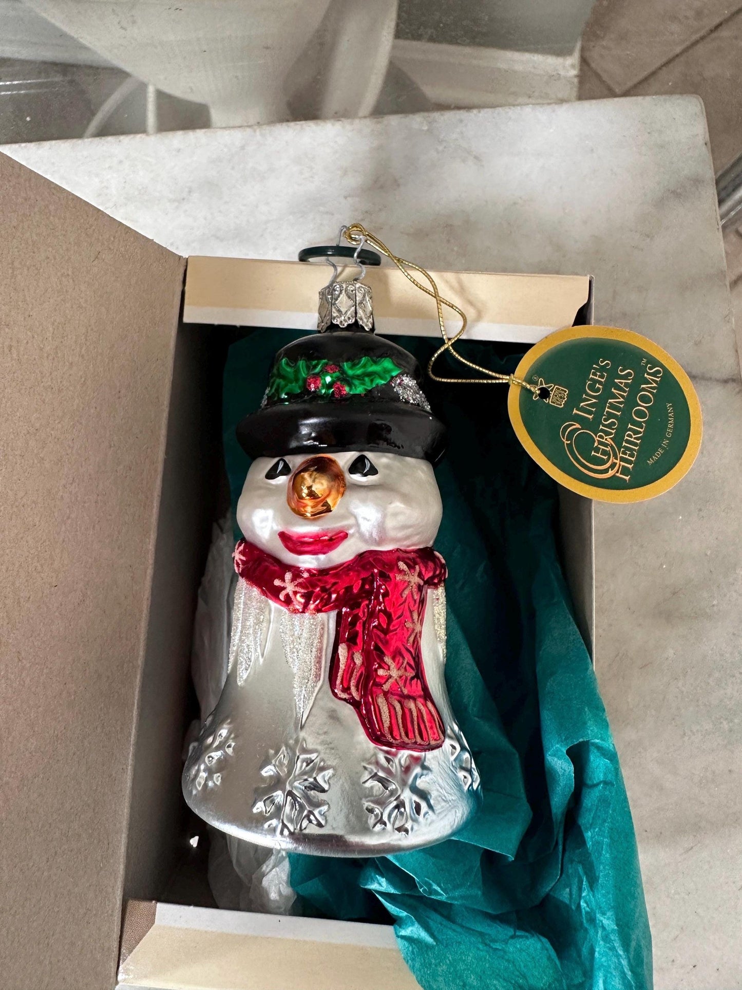 Inge-Glas 2002 Merry Christmas Snowman Bell Ornament | Hand-Blown German Glass w/ Clapper | Original Tag & Box | Holiday Collectible