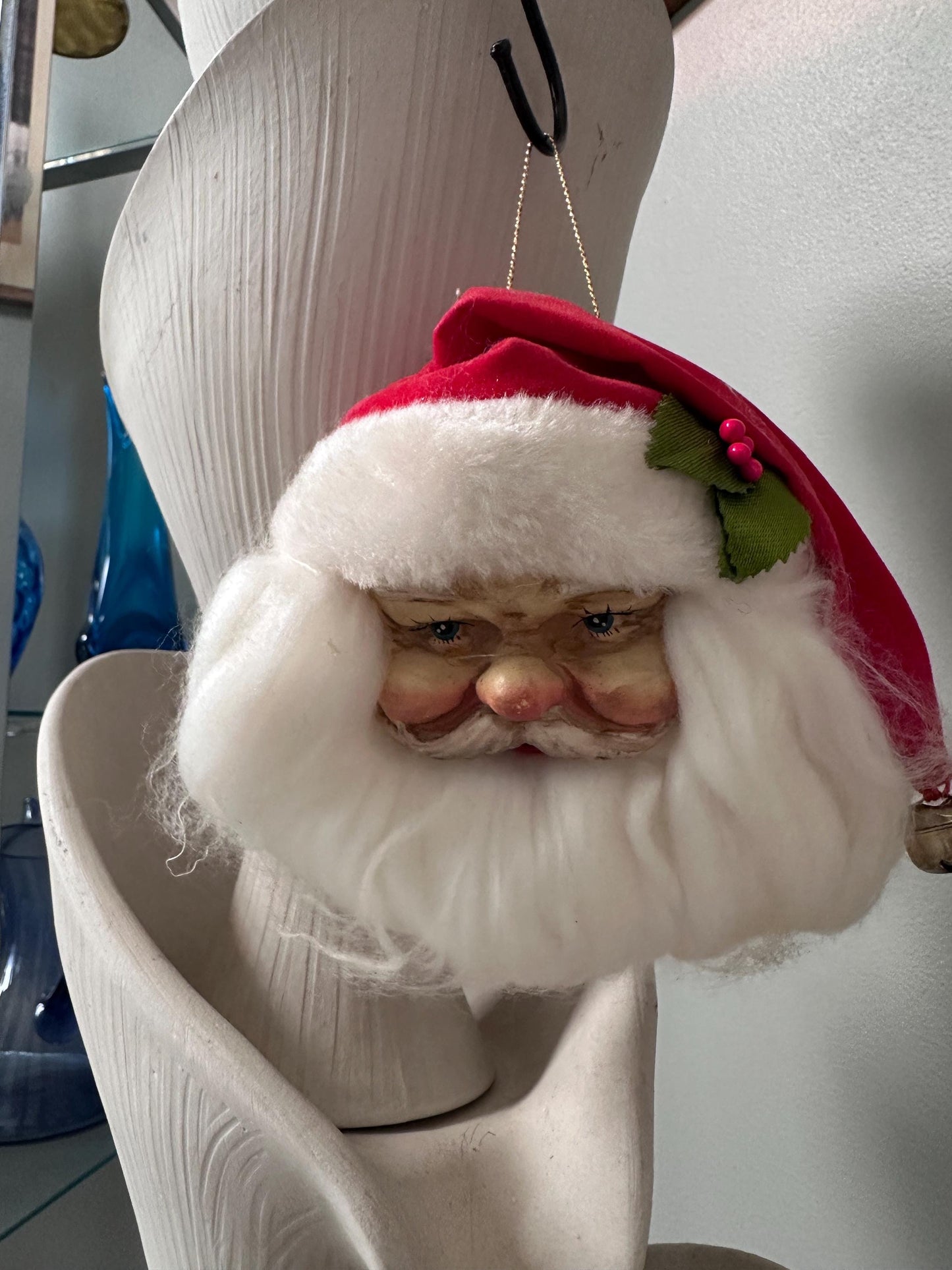 Vintage Santa Claus Head Christmas Ornament 1993 | Foley’s Holiday Collectible | 5” Santa Face Ornament | Jingle Bell Hat | Retro Christmas
