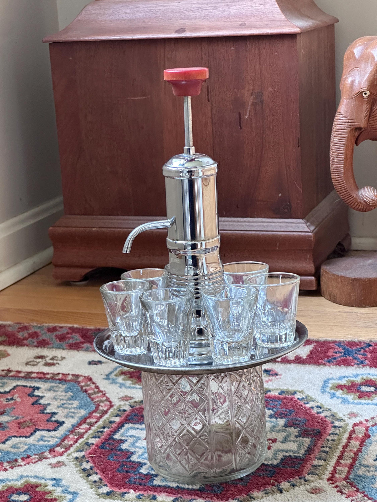 Vintage MCM Park Sherman Style Shot Dispenser Pump Decanter with 7 Glasses Mid Century Barware Set, Bakelite Knob, Chrome Accents