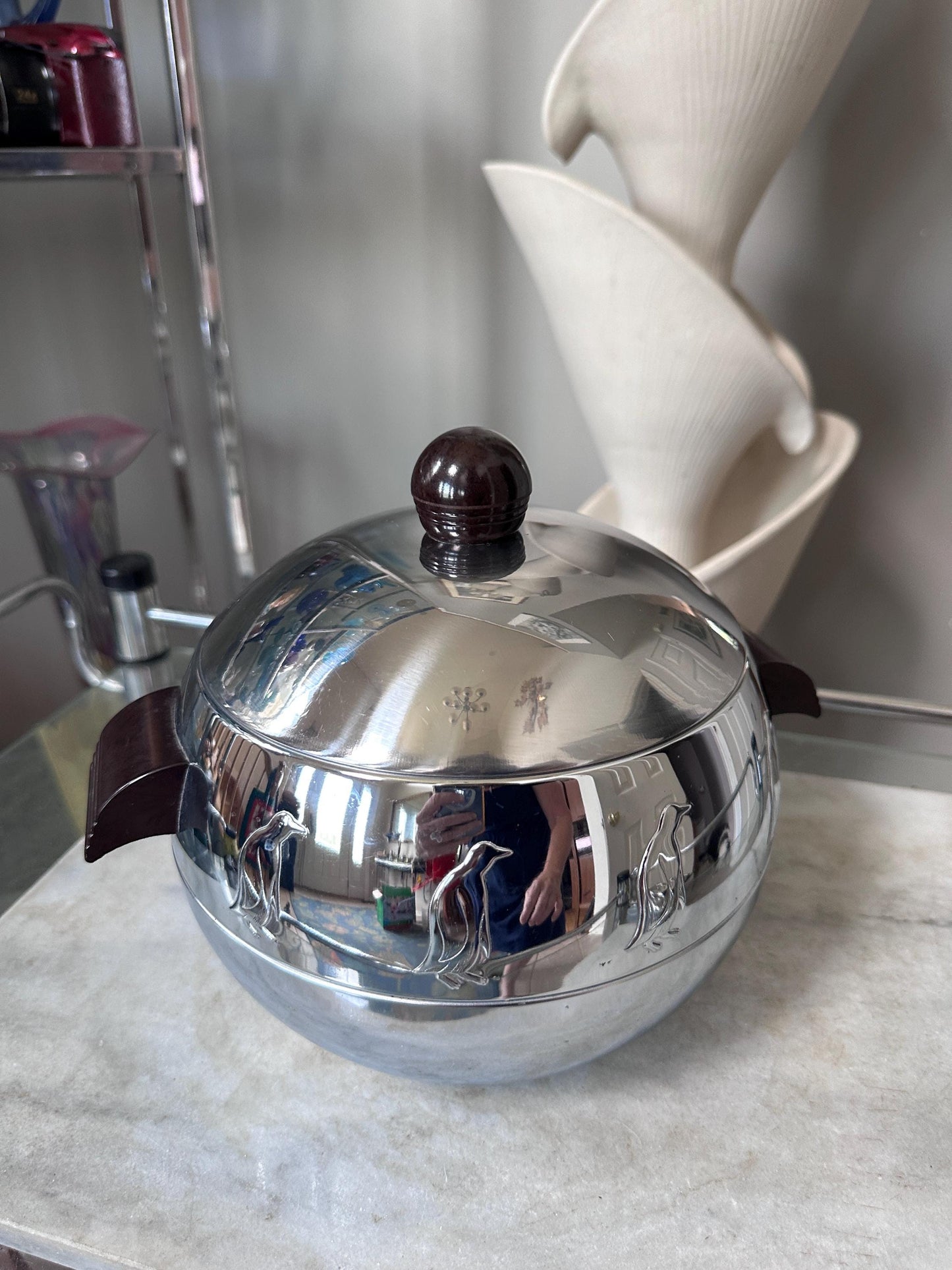 1950s West Bend Chrome Penguin Ice Bucket, Hot & Cold Server, Mid Century Barware, Made in USA, Bakelite Knob and Handles, MCM Decor