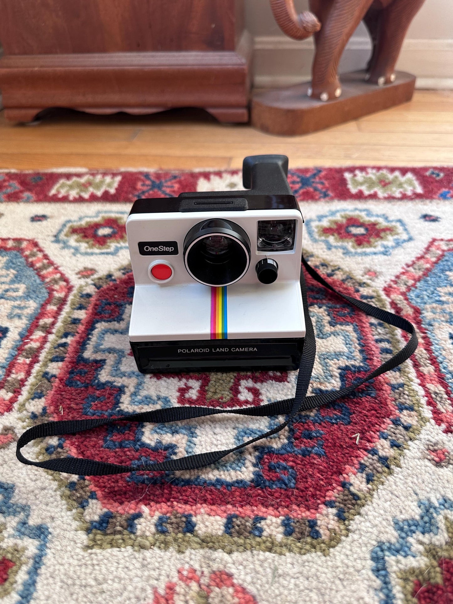 Vintage Polaroid SX-70 OneStep White Rainbow Stripe Land Camera with Carrying Bag, Untested, 1970s