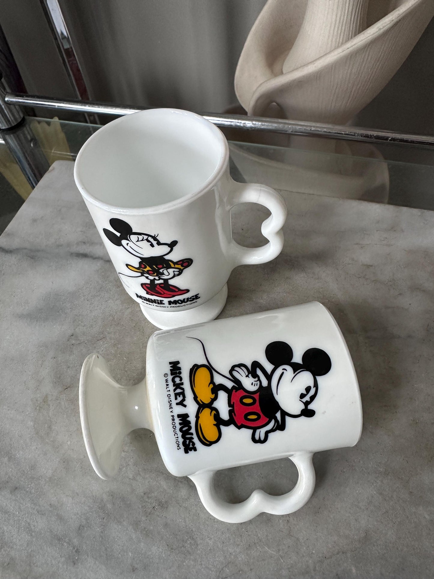 Vintage Mickey Minnie Mouse Mug Set of 2 White Milk Glass Footed Walt Disney Productions Cups