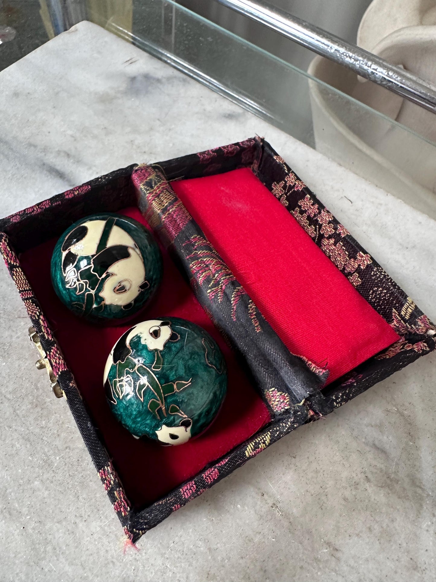Vintage Panda Baoding Balls with Brocade Box - Chinese Stress Relief