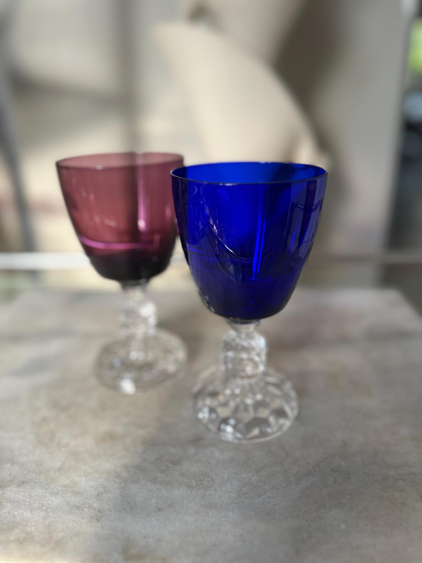 Set of 2 Fostoria American Lady Wine Glasses 6” Vintage Amethyst Burgundy & Cobalt Blue Stemware Mid Century Barware