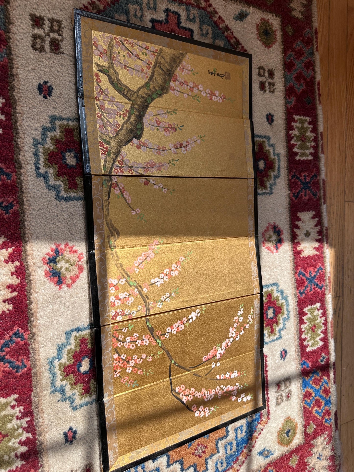 Vintage Japanese Miniature Byobu Folding Screen Gold Leaf Landscape Art Nizan Style w/Original Box