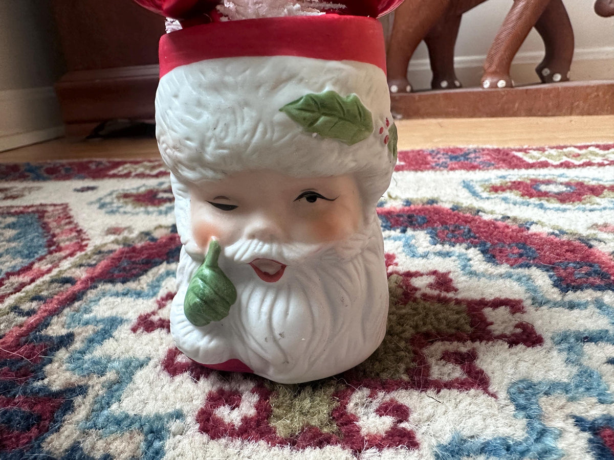 1980 JASCO Taiwan Santa Jar, Bisque Porcelain, Bottle Brush Tree (Vintage Christmas)