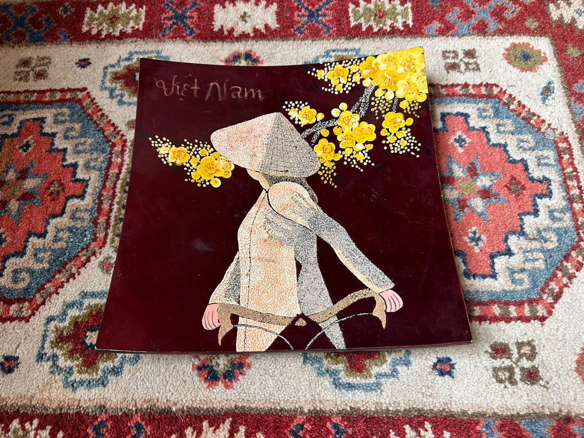 Vintage Vietnamese Lacquer Art Painting 12x12 – Traditional Son Mai Wood Panel Wall Art, Woman in Ao Dai with Nón Lá Conical Hat and Yellow