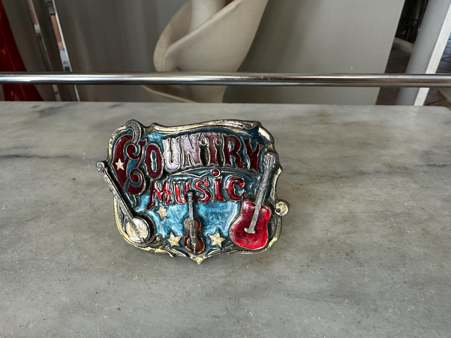 1982 Enameled Country Music Buckle ~ Serial Number H919 ~ The Great American Buckle Co U.S.A. Copyright 1982 Made in the U.S.A.