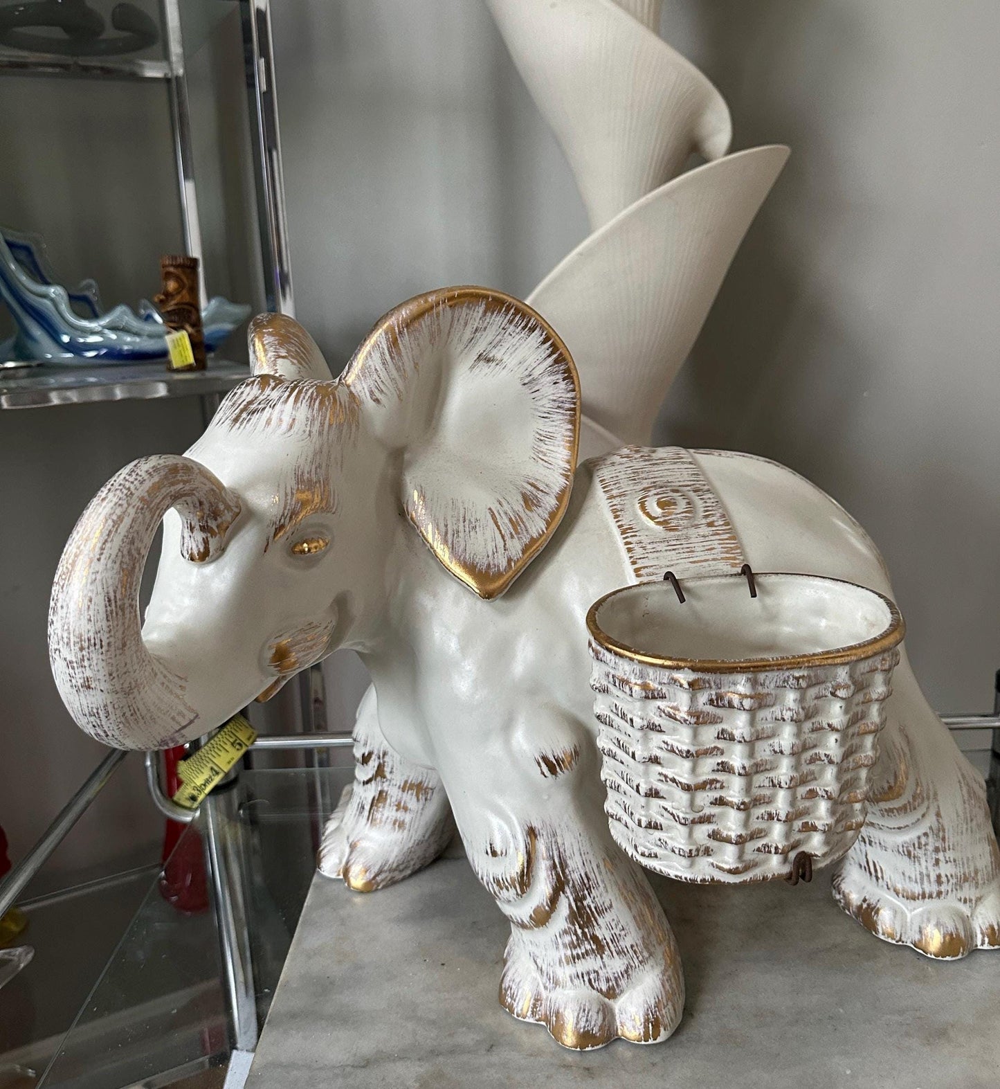Haeger Elephant Planter | MCM Jumbo Haeger Elephant Planter | White and Gold 18” | USA Art Pottery