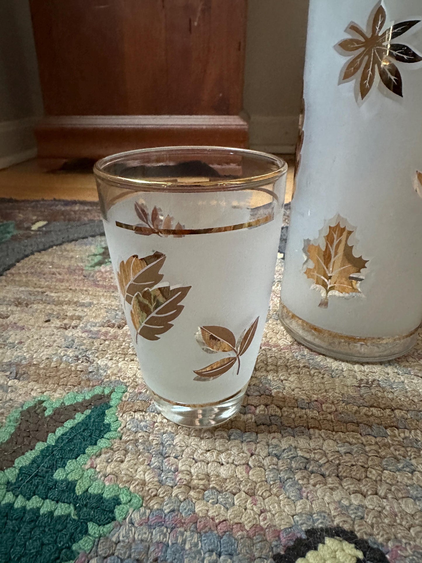 Libbey "Golden Foliage" Liquor Pump Dispenser MCM and Two Matching Cocktail Glasses | MCM Libbey Golden Foliage Cocktail Set | MCM Barware