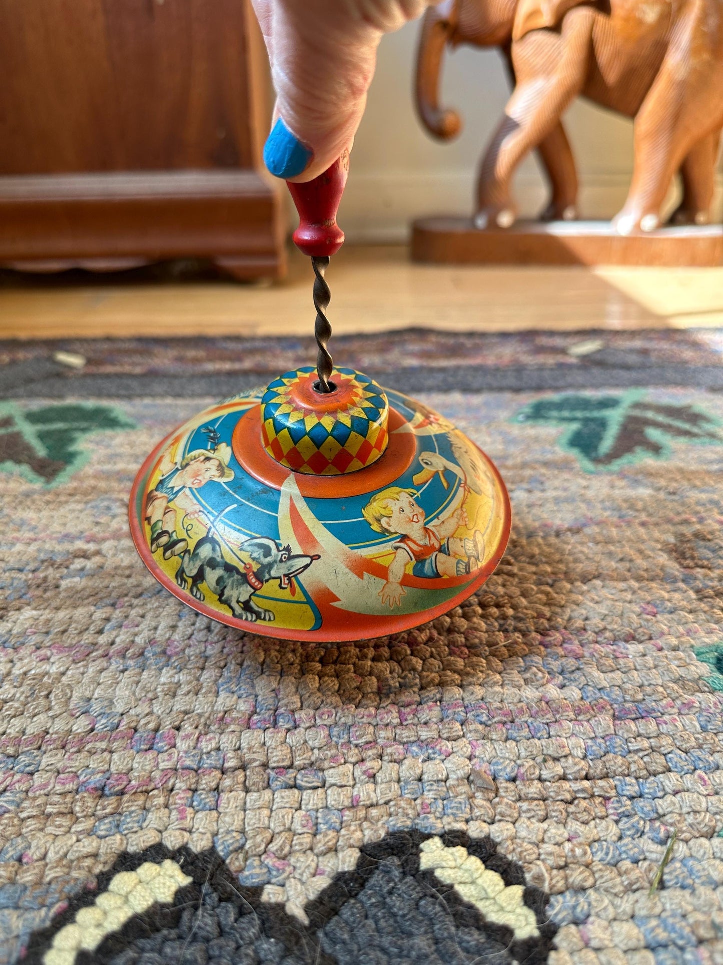 Mnn Tin Spinning Tops with Wood Plunger, Vintage MNN Spinning Top – Made in Western Germany – Retro Tin Toy Collectible