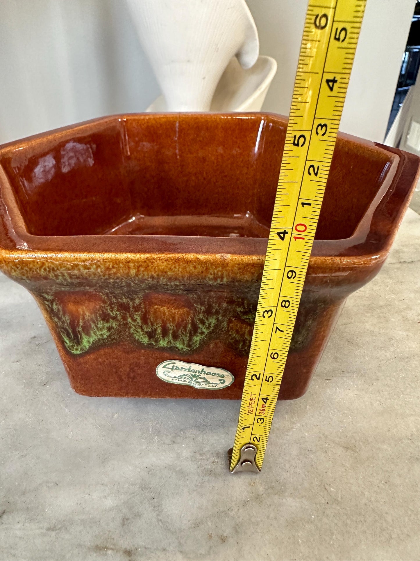 Haeger Pottery Planter #4003 USA, Hexagonal Brown Variegated Drip Glaze Pot, 6 Sided Pottery, 3.5” T x 9” W