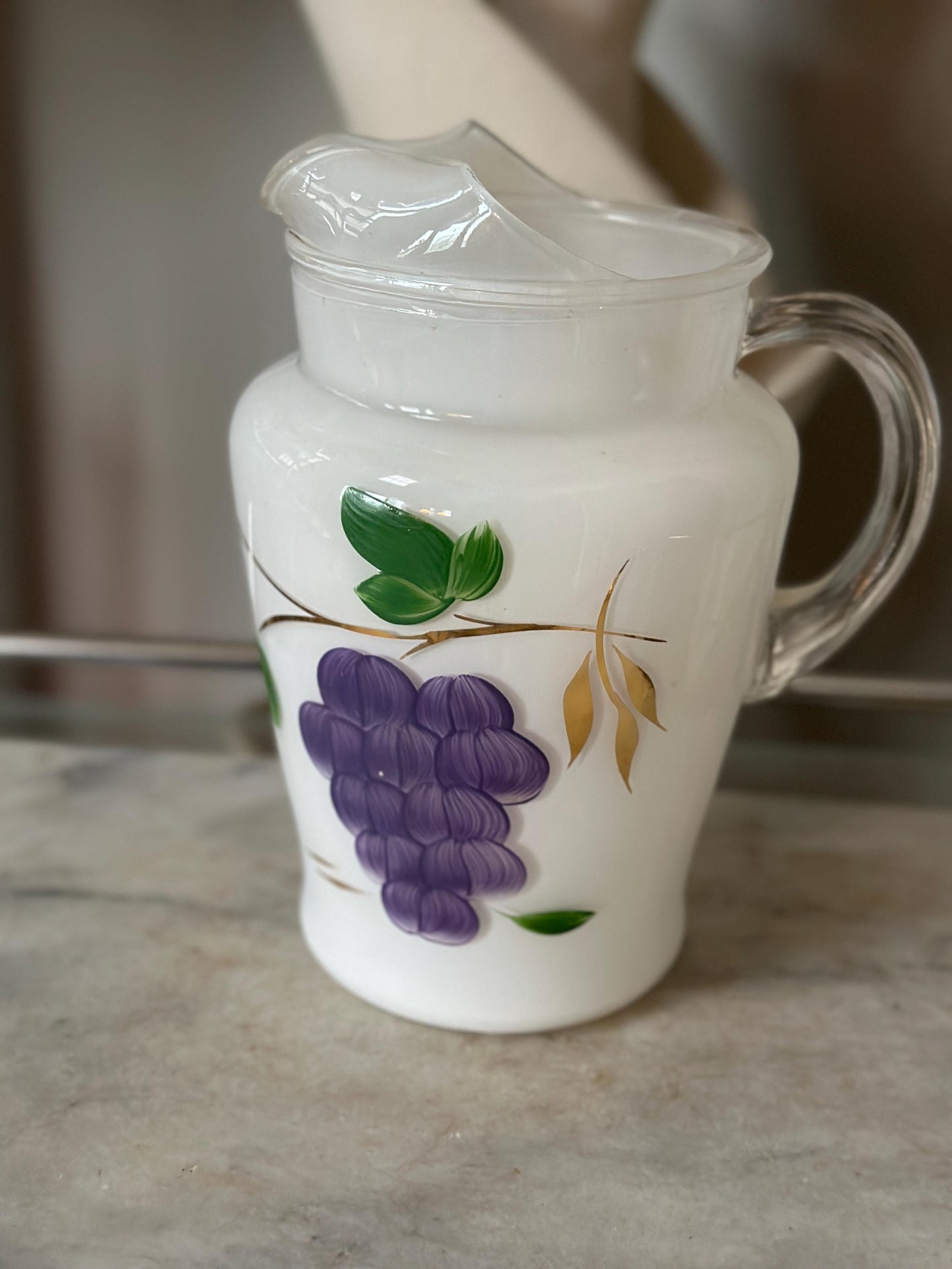 Mid Century Bartlett Collins Frosted Pitcher w 6 Glasses: Glass Grape Design Set