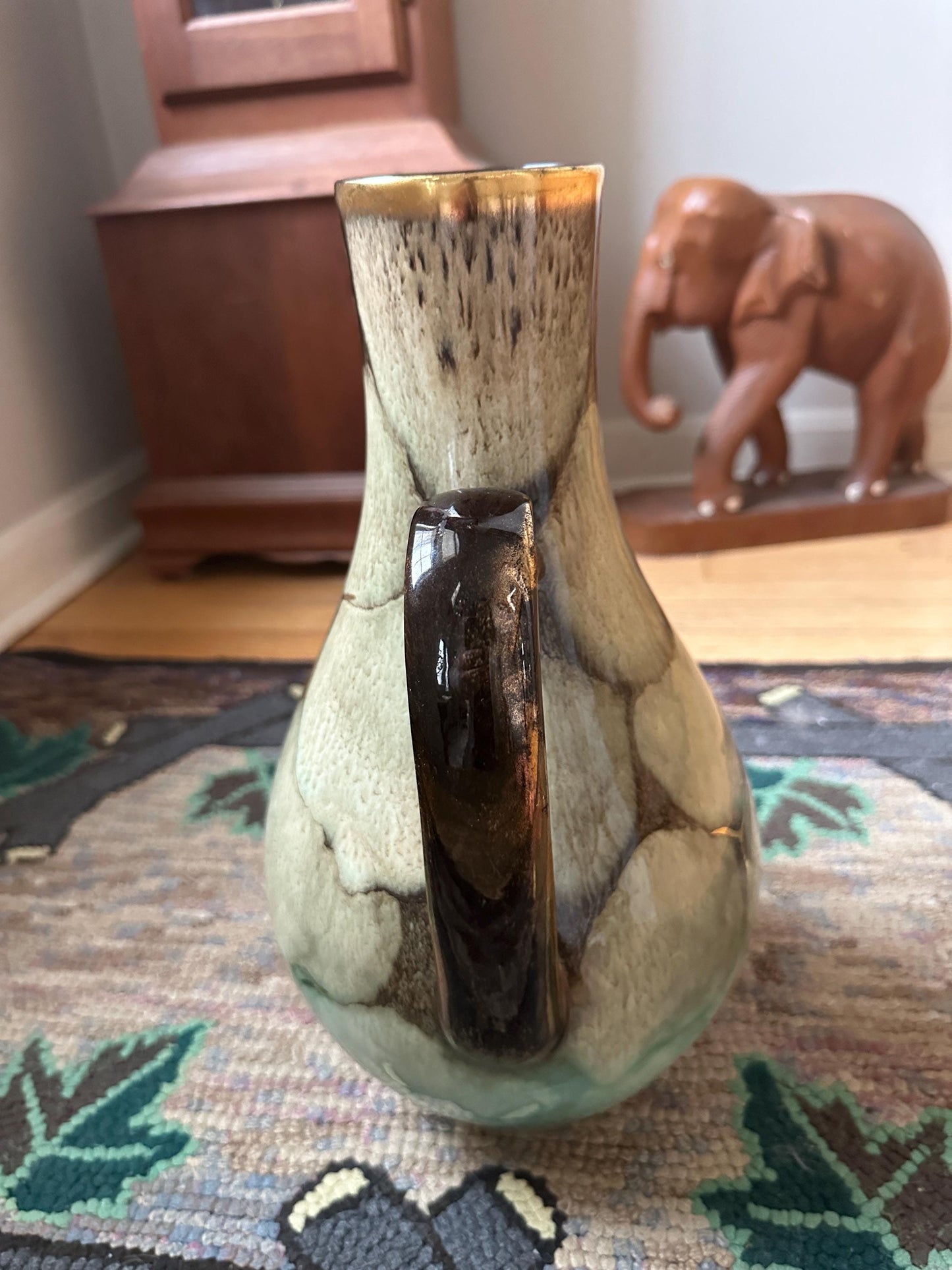 West German Carstens Tonnieshof tall handled vase, glossy green, brown and gold | Mid Century Modern Carstens Pitcher Vase