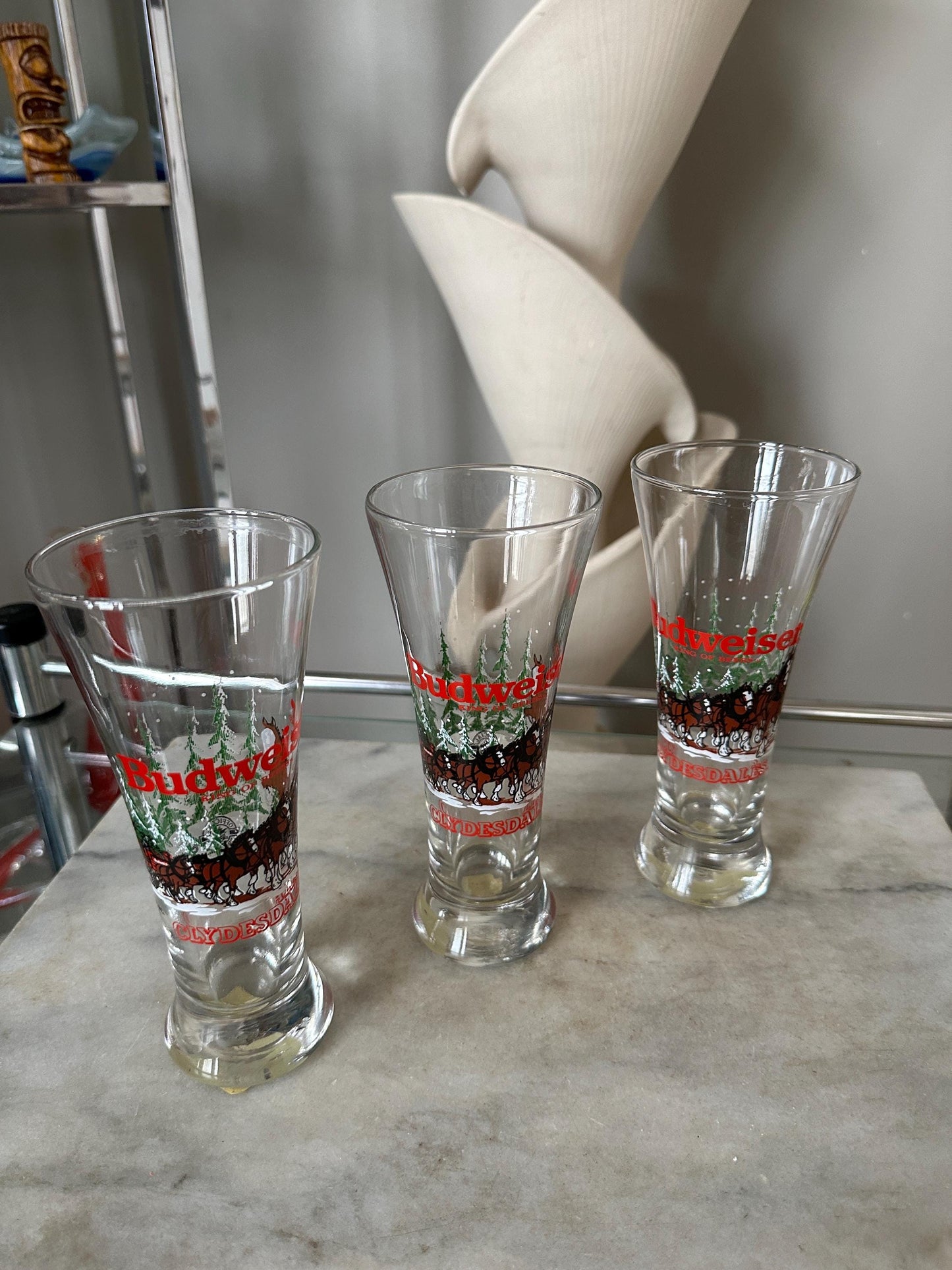Budweiser Clydesdale Pilsner Beer Glass Set of 3 Clear Christmas 1989 Horses 7"