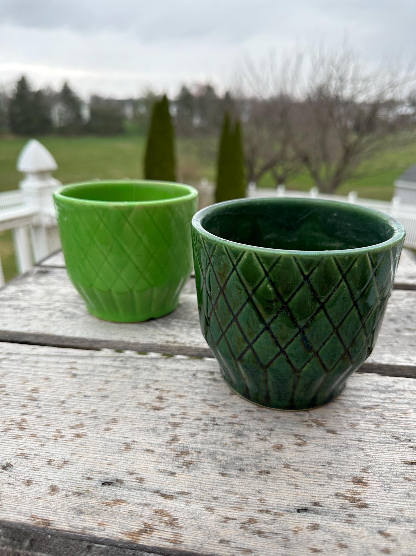 Set of Two Shawnee Pottery USA Planters | Two Shades of Green | Diamknd Pattetn | USA Pottery