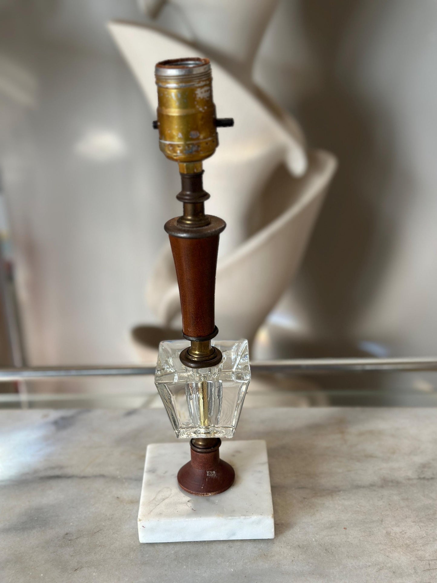 Mid Century Hollywood Regency Accent Lamp | Crystal and Wood Bourdoir Lamp Marble Base 12”