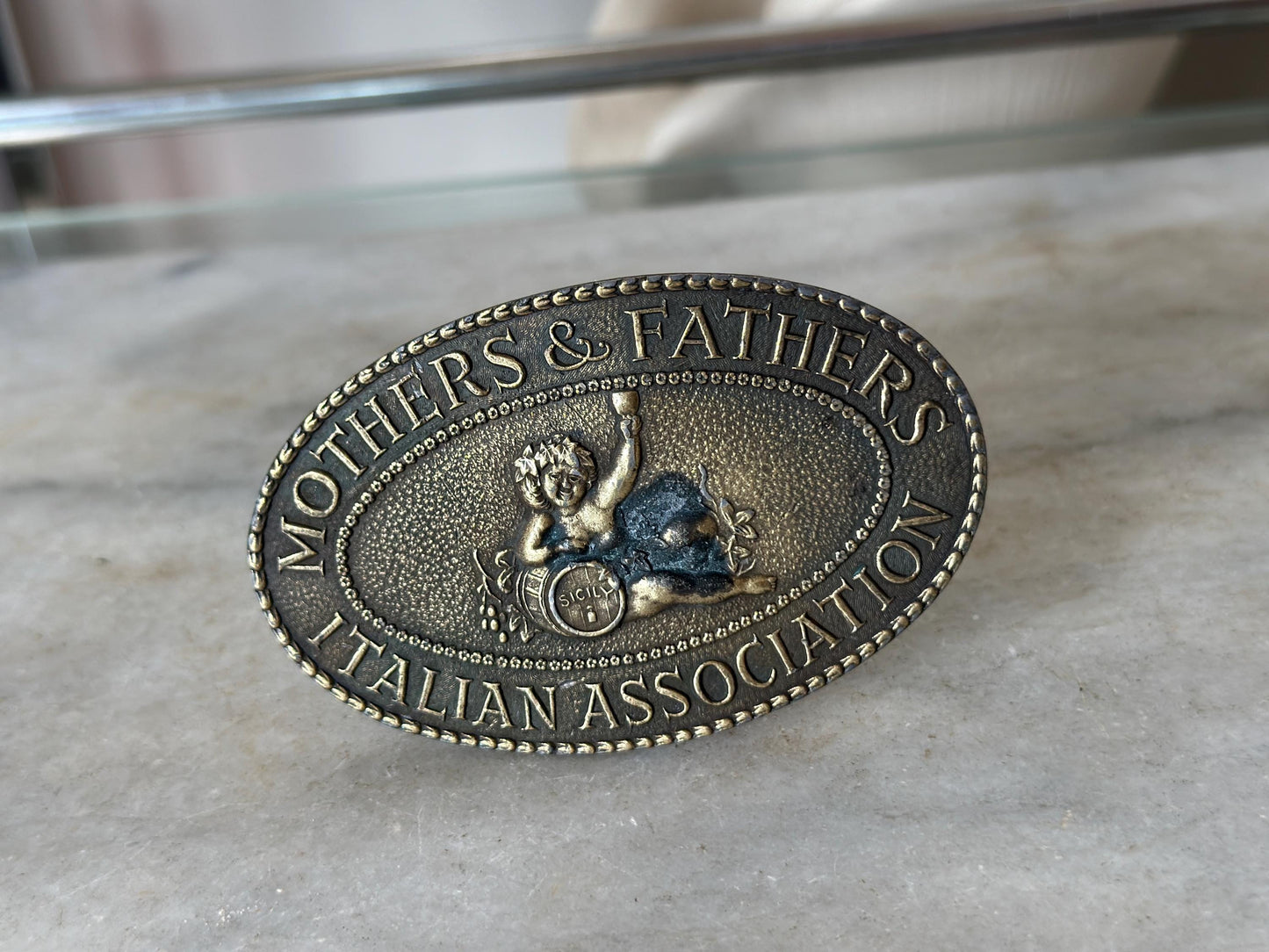1970s Mothers And Fathers Italian Association Sicily vintage belt buckle, Mafia Italian Association Sicily Sicilian Italy Pride Vintage