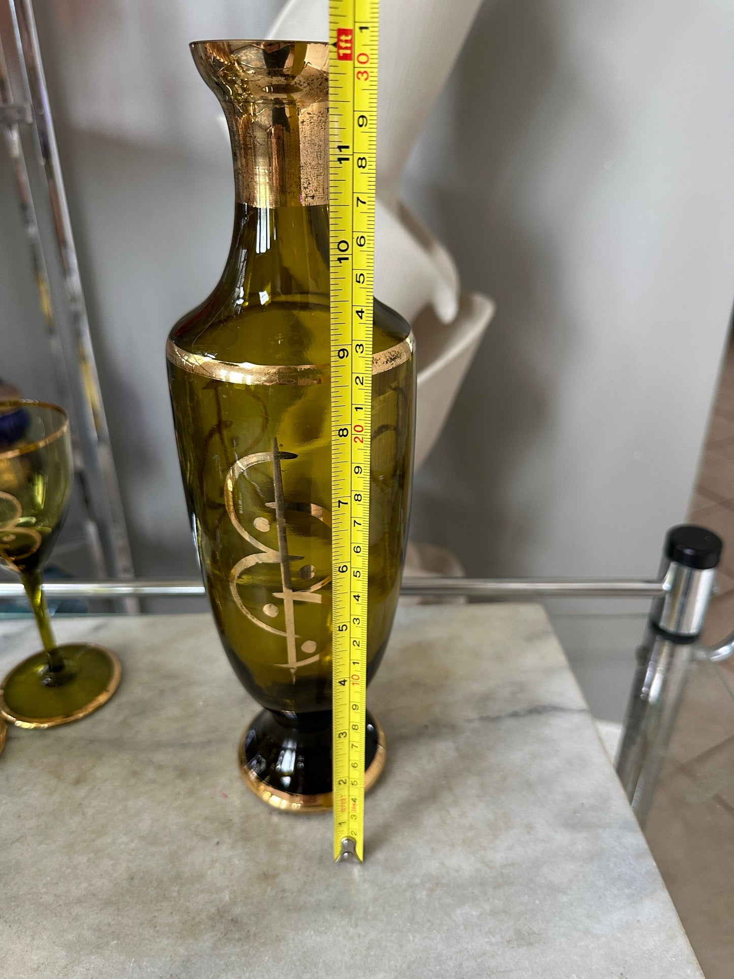Gilt Amber Glass Vintage Decanter and Glasses Set - Set of 6 - MCM Ambet Gladd Decanter Set