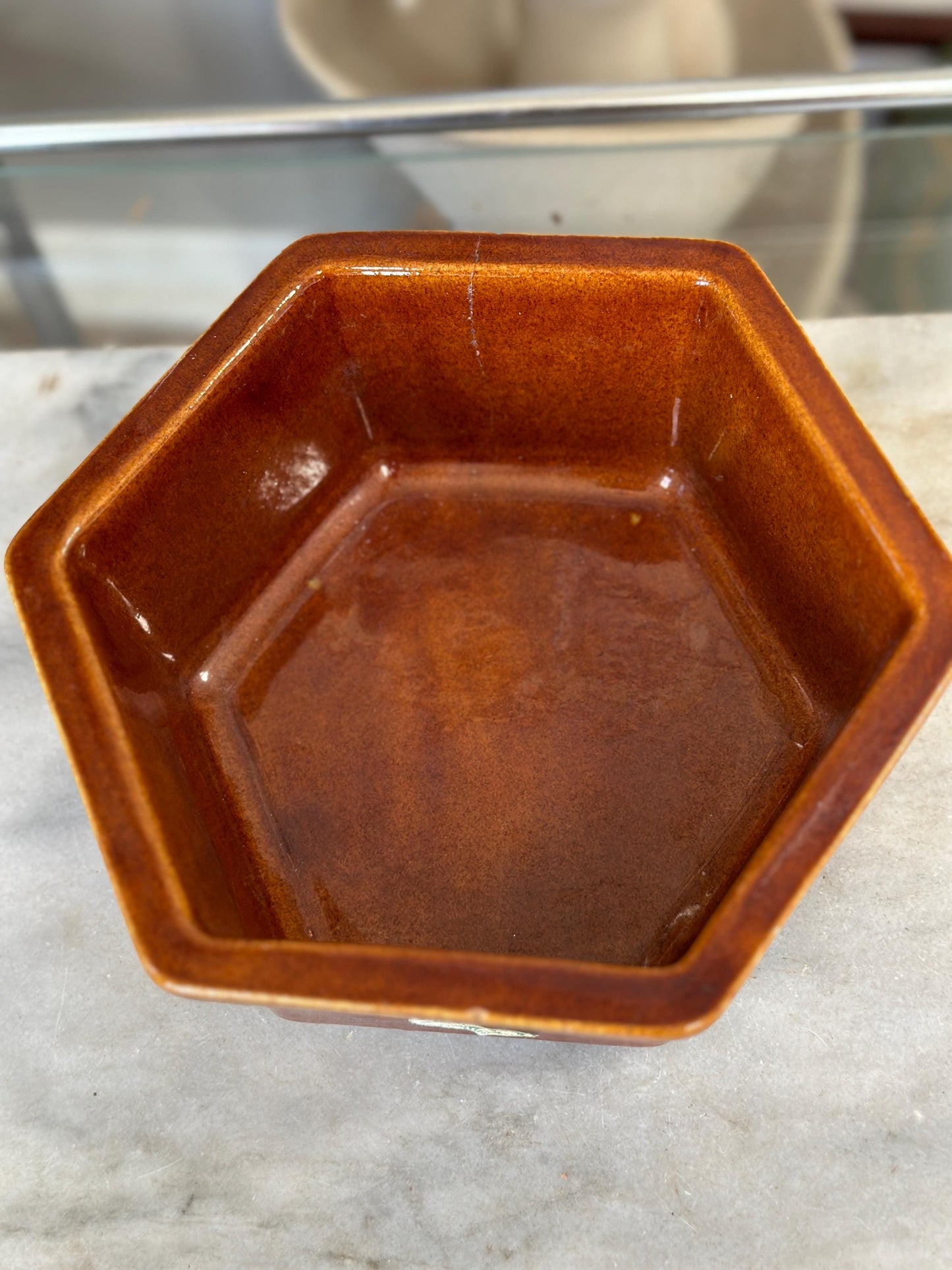 Haeger Pottery Planter #4003 USA, Hexagonal Brown Variegated Drip Glaze Pot, 6 Sided Pottery, 3.5” T x 9” W