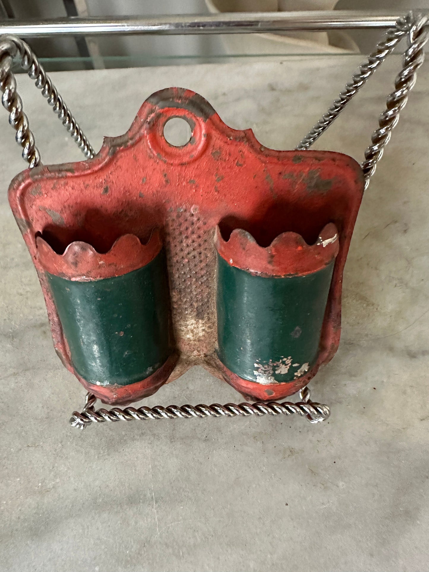 Antique Wall Match Holder. Wall Mounted Container From Kitchen Decor Red and Green Painted Tin Match Holder.