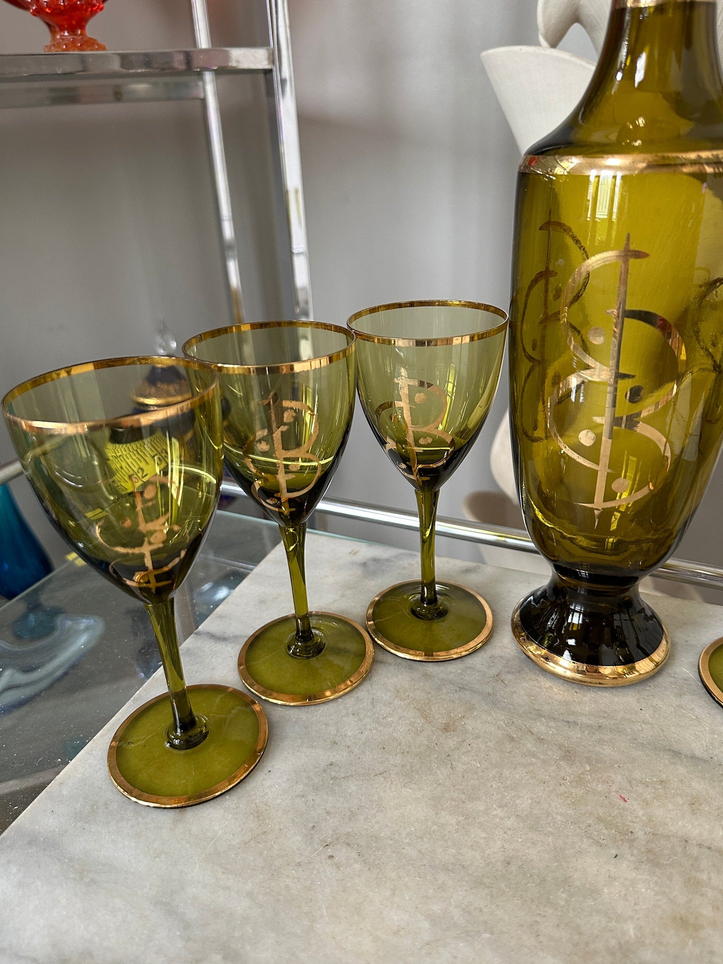 Gilt Amber Glass Vintage Decanter and Glasses Set - Set of 6 - MCM Ambet Gladd Decanter Set