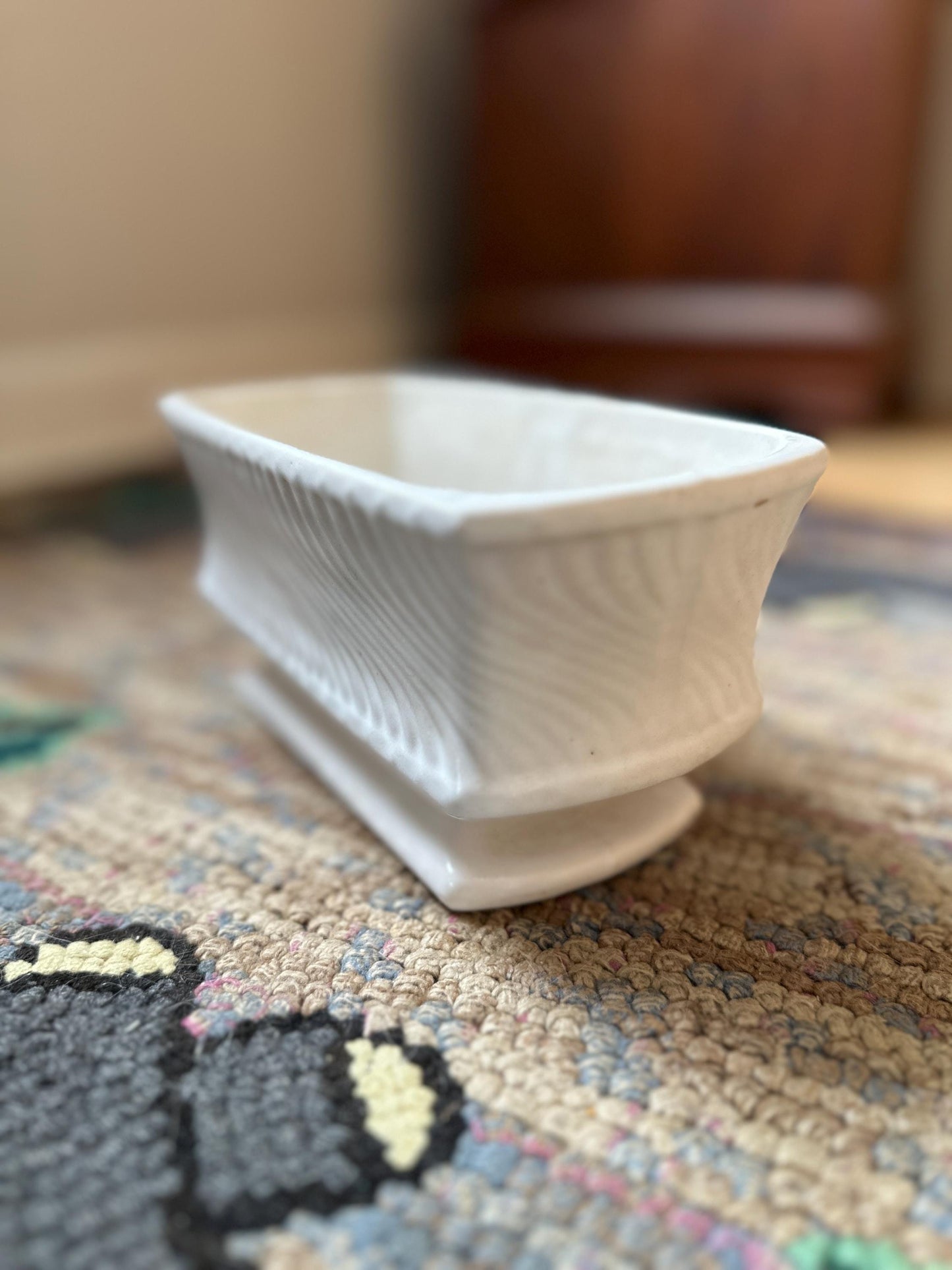 McCoy White Rectangular Pedestal Planter Swirl Design Vintage Pottery
