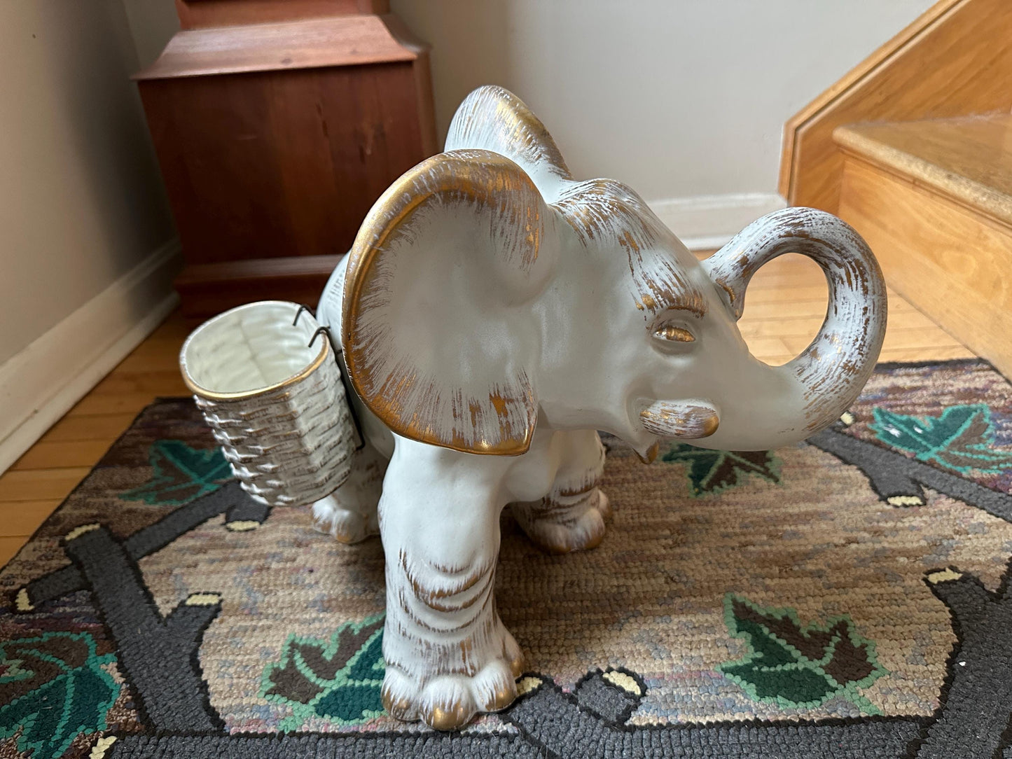 Haeger Elephant Planter | MCM Jumbo Haeger Elephant Planter | White and Gold 18” | USA Art Pottery