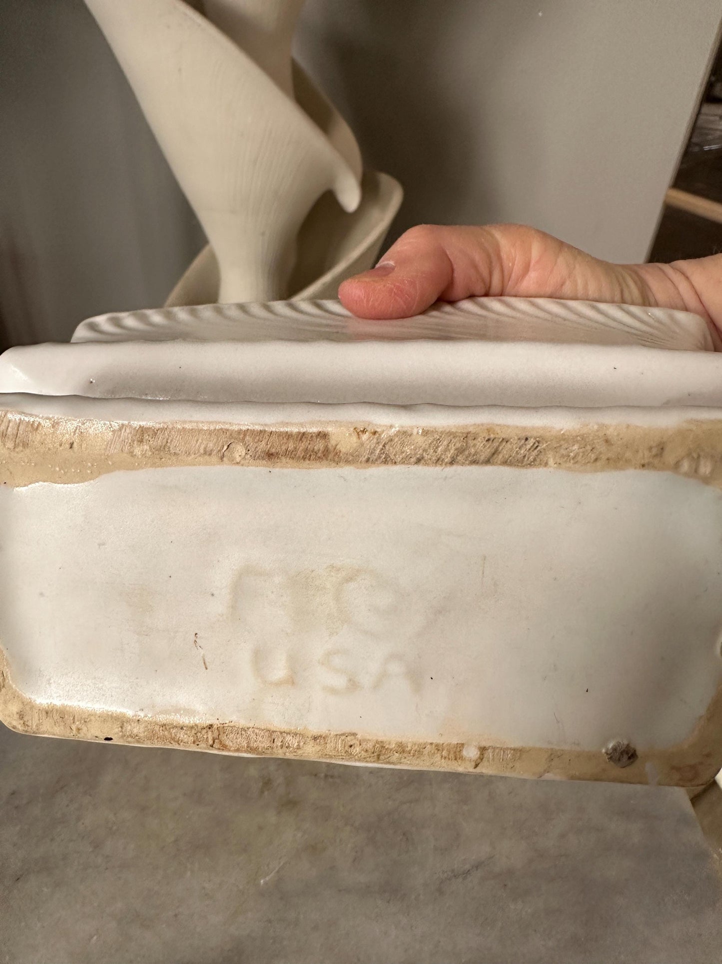 McCoy White Rectangular Pedestal Planter Swirl Design Vintage Pottery