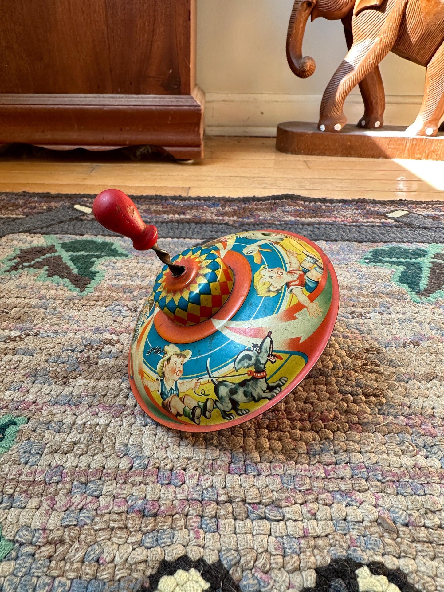 Mnn Tin Spinning Tops with Wood Plunger, Vintage MNN Spinning Top – Made in Western Germany – Retro Tin Toy Collectible