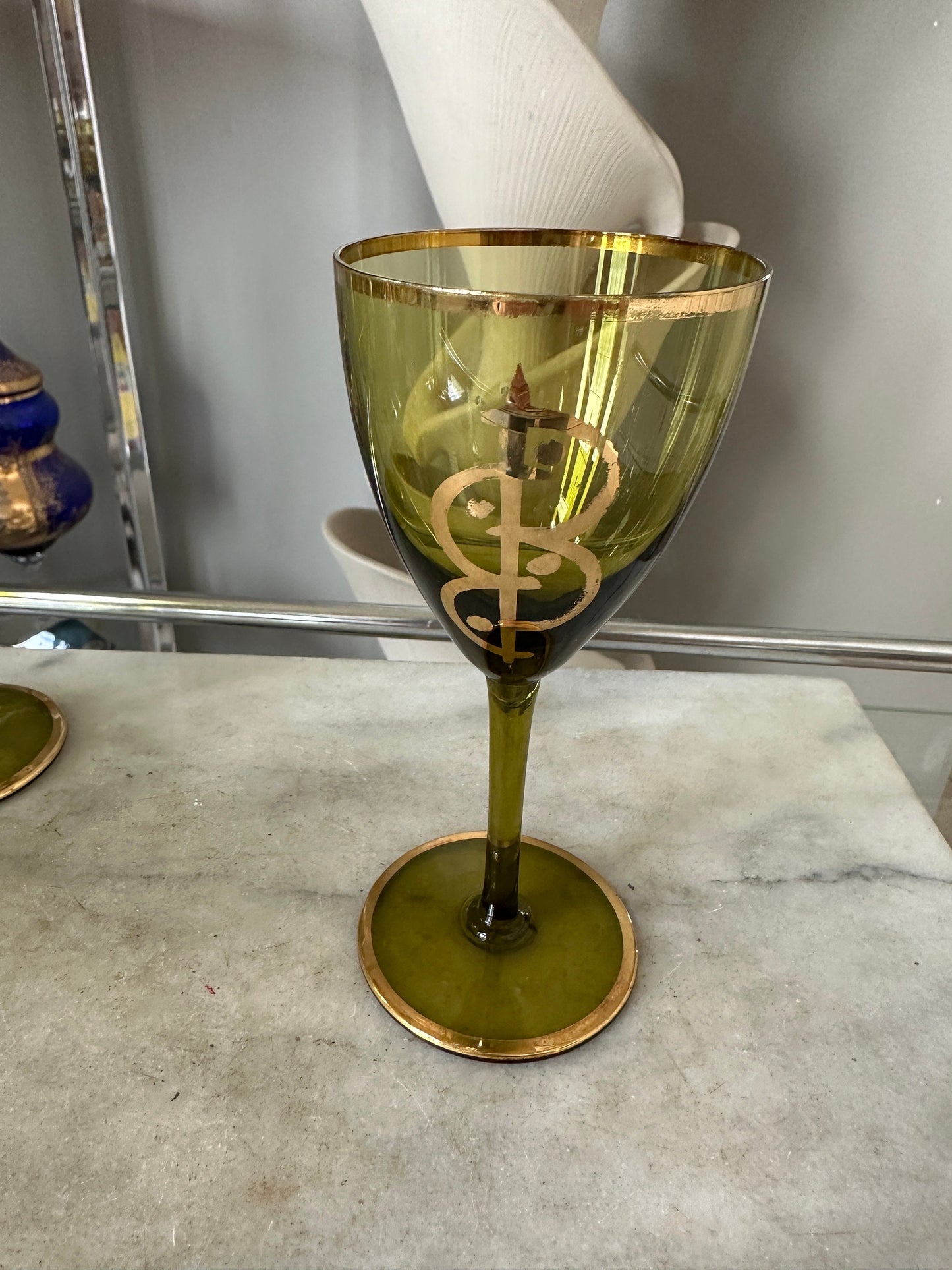 Gilt Amber Glass Vintage Decanter and Glasses Set - Set of 6 - MCM Ambet Gladd Decanter Set