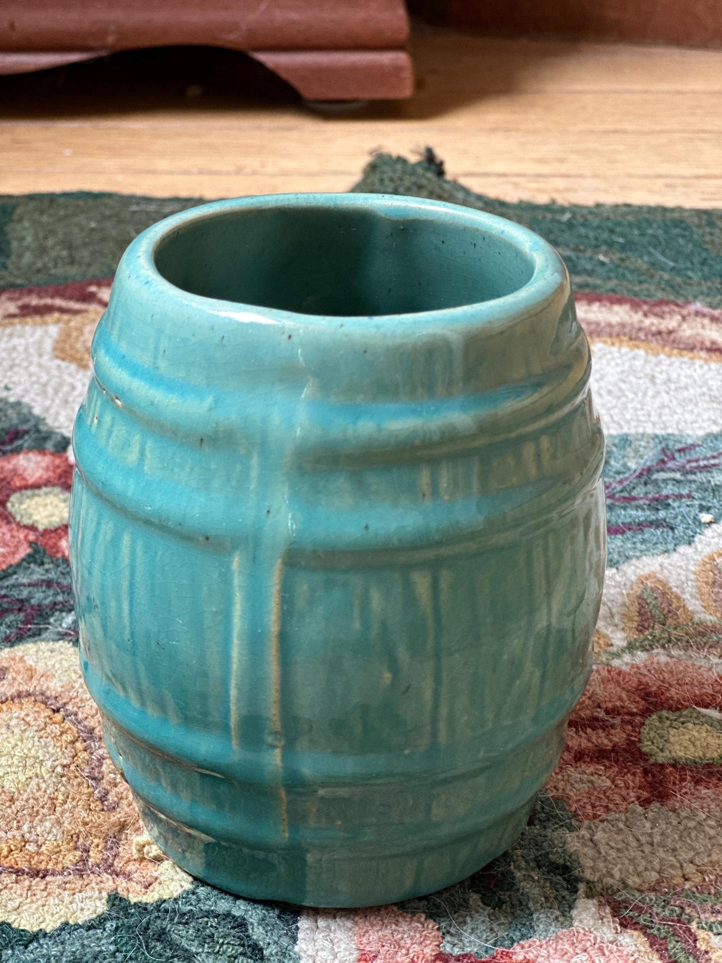 McCoy Pottery Barrel Coffee Mug Green Glaze Marked with a 4 in shield on bottom