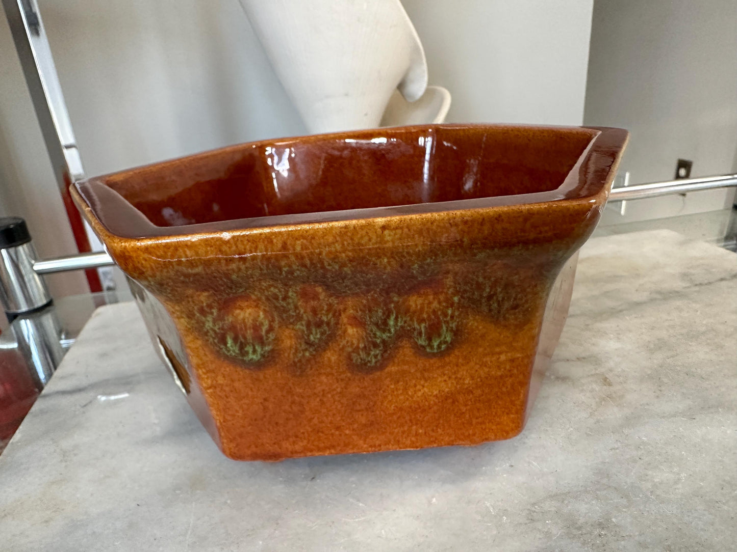 Haeger Pottery Planter #4003 USA, Hexagonal Brown Variegated Drip Glaze Pot, 6 Sided Pottery, 3.5” T x 9” W
