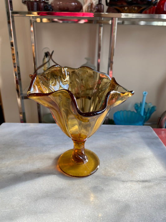 Beautiful Mid century Modern Vintage Amber Art Glass Pedestal Bowl Or Vase Retro Collectible Art Glass ~ Ruffled Edge