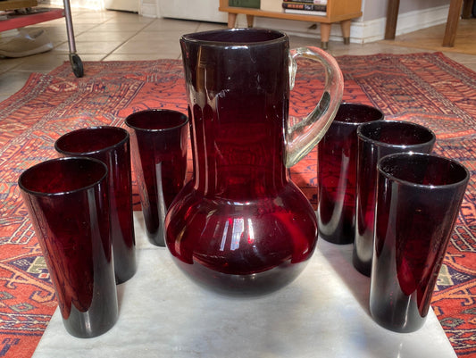 MCM hand Blown Red Glass Pitcher Set and 6 Hand Blown Red Glass Tumblers