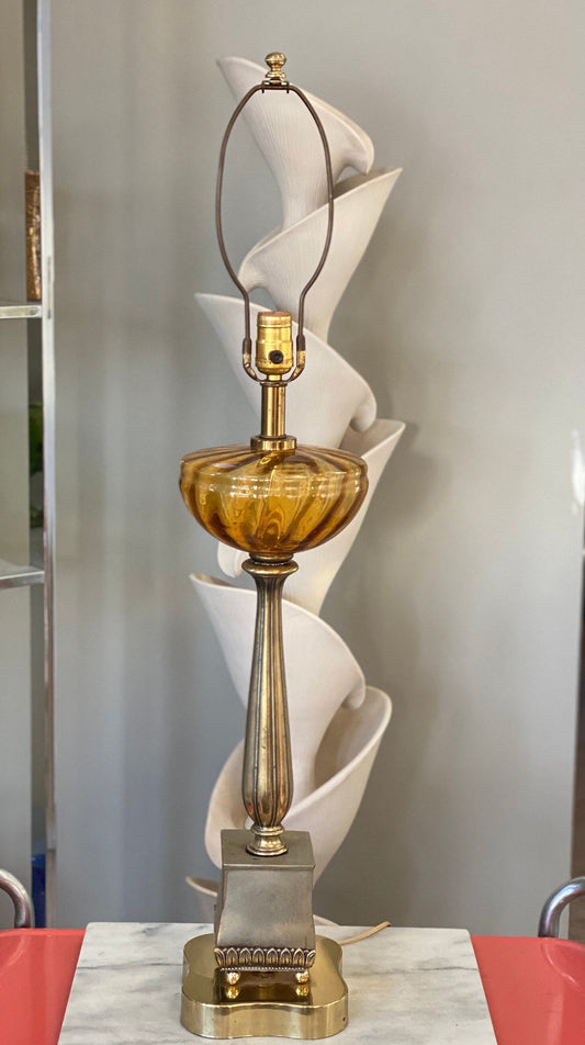 MCM Amber Glass Lamp on Wood, Metal | Blown Glass, Vintage, Optic Glass, Vintage Lighting