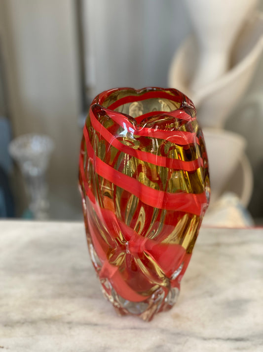MCM Art Glass vase |  Vintage Japanese Kamei Barley Sugar Osaka Glass Vase | Unsigned Osaka Orange and Amber Art Glass Vase