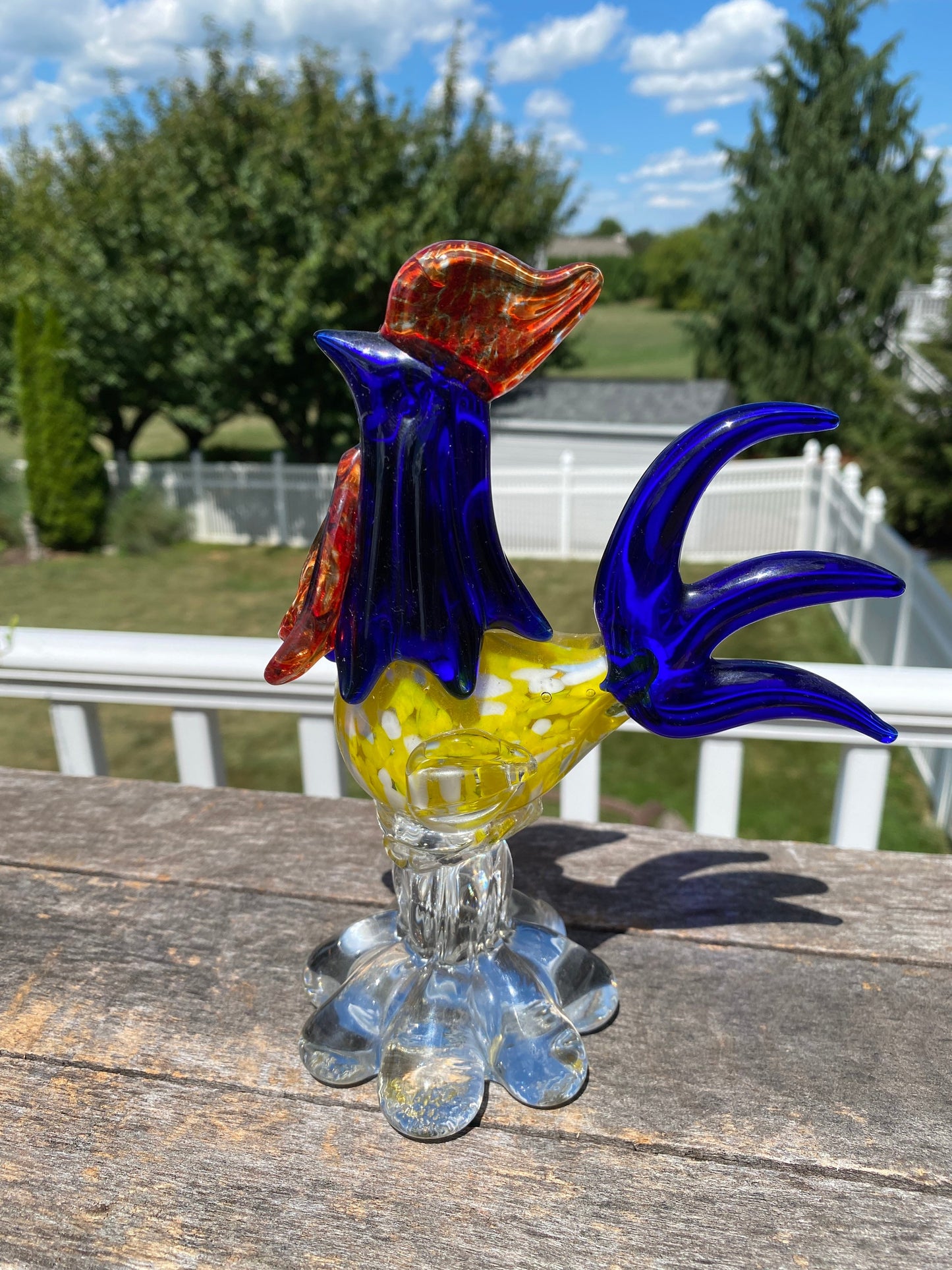 Vintage Murano Style Art Glass Rooster Blue, Red, Yellow & Orange |MCM Art Glass Rooster